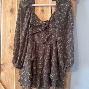 Women’s Brown Tiered Long-Sleeve Floral romper